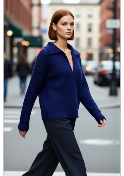 Modern Kadın Oversize Polo Yaka Triko Kazak Rahat Düşük Kol Fitilli Dokusuyla Kış Gardırobunuzun fırsatları