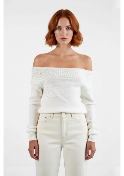 Kadın Şık Super Crop Kayık Yaka Boncuk Işlemeli Triko Kazak Oversize Rahat Kışlık Stil Kaliteli fiyatları