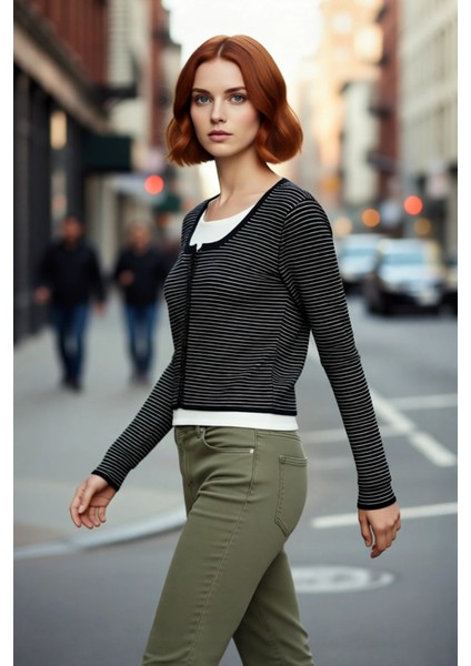 Kadın Cool Comfort Basic Çizgili Regular Kalıp Uzun Kol Triko Crop Hırka Günlük Stili Kaliteli fırsatları