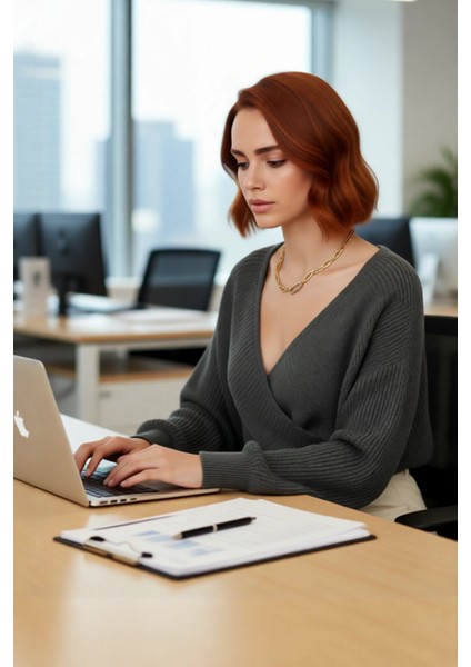 Kadın Casual V Yaka Kruvaze Triko Kazak Regular Kalıp Tek Plaka Dokuma Rahat Kışlık Seçim Kaliteli