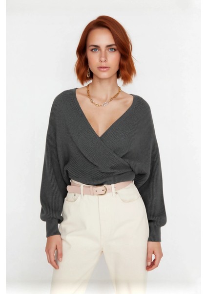 Kadın Casual V Yaka Kruvaze Triko Kazak Regular Kalıp Tek Plaka Dokuma Rahat Kışlık Seçim Kaliteli fiyatları