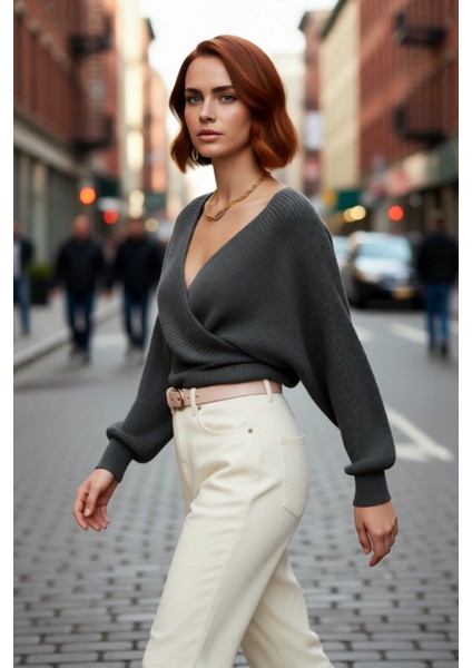 Kadın Casual V Yaka Kruvaze Triko Kazak Regular Kalıp Tek Plaka Dokuma Rahat Kışlık Seçim Kaliteli fırsatları