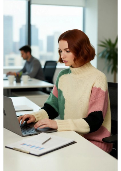 Kadın Oversize Dik Yaka Bej Renk Bloklu Düşük Kol Uzun Triko Kazak Kış Günleri Için Ideal Seçim