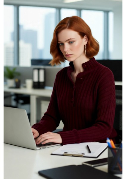 Kadın Casual Fitilli Triko Kazak Orta Kalınlık Dik Yaka Düşük Kol Rahat ve Trend Kış Stili