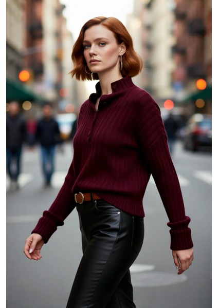 Kadın Casual Fitilli Triko Kazak Orta Kalınlık Dik Yaka Düşük Kol Rahat ve Trend Kış Stili fırsatları