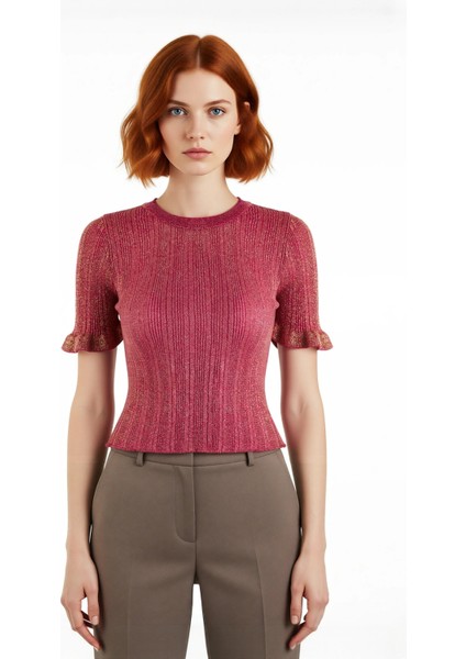 Kadın Fitted Kesim Simli Ince Triko Bluz Bisiklet Yaka Fırfır Kollu Crop Model Modern Stil fiyatları