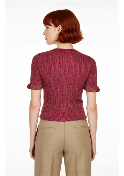 Kadın Fitted Kesim Simli Ince Triko Bluz Bisiklet Yaka Fırfır Kollu Crop Model Modern Stil modelleri