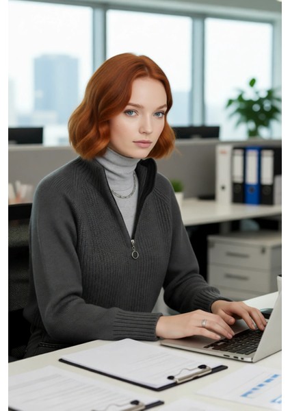 Kadın Selanik Dokuma Regular Kalıp Crop Dik Yaka Fermuarlı Uzun Kollu Triko Kazak Günlük Şıklık