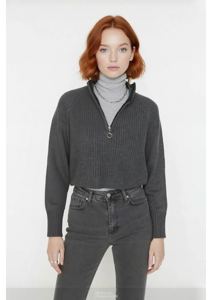 Kadın Selanik Dokuma Regular Kalıp Crop Dik Yaka Fermuarlı Uzun Kollu Triko Kazak Günlük Şıklık fiyatları