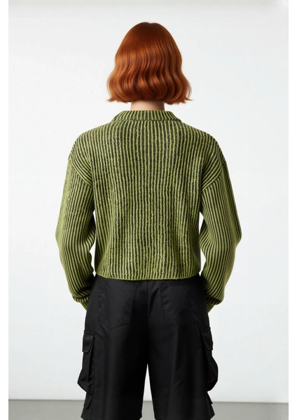 Kadın Uzun Kol Dik Yaka Çizgili Crop Triko Kazak Sonbahar Kış Için Rahat Şık Giyim Kaliteli fiyatları