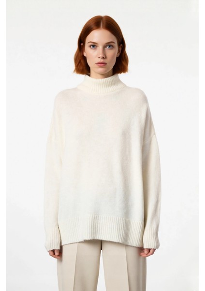 Kadın Basic Oversize Dik Yaka Triko Kazak Düşük Kol Uzun Boy Kışlık Günlük Şıklık Sunar Kaliteli