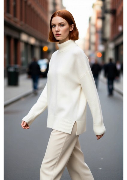 Kadın Basic Oversize Dik Yaka Triko Kazak Düşük Kol Uzun Boy Kışlık Günlük Şıklık Sunar Kaliteli modelleri