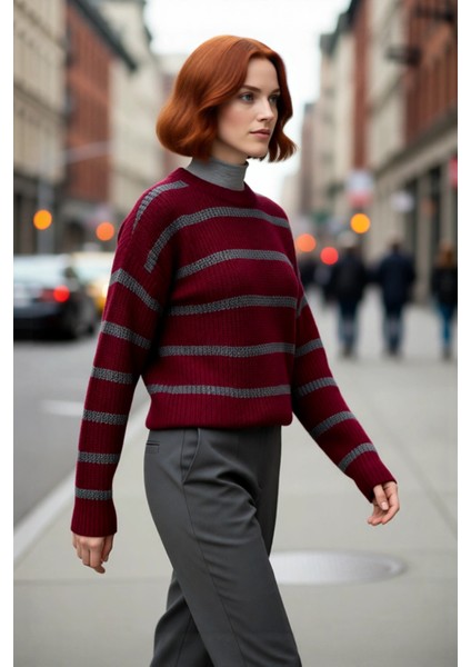 Kadın Crop Boy Akrilik Triko Kazak Bisiklet Yaka Geniş Kalıp Çizgili Soğuk Havalara Uygun Kaliteli fırsatları