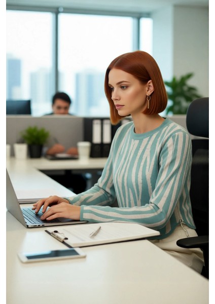 Kadın Günlük Akrilik Basic Siluet Bisiklet Yaka Uzun Kollu Crop Kesim Zebra Desenli Triko Kazak