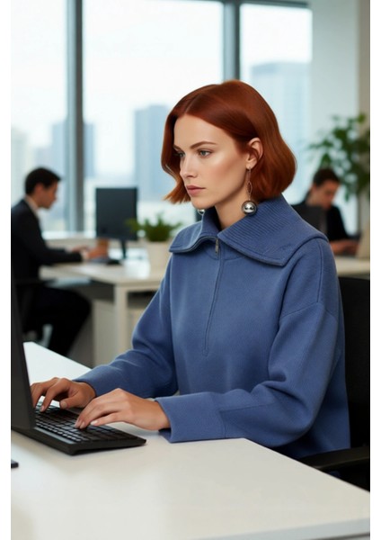 Kadın Oversize Fermuarlı Dik Yaka Triko Kazak Yumuşak Dokusuyla Günlük Konfor ve Şıklık Kaliteli