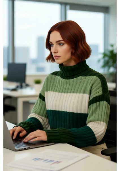 Kadın Balıkçı Yaka Uzun Kollu Renk Bloklu Super Crop Basic Fitilli Triko Kazak Günlük Şıklığınız