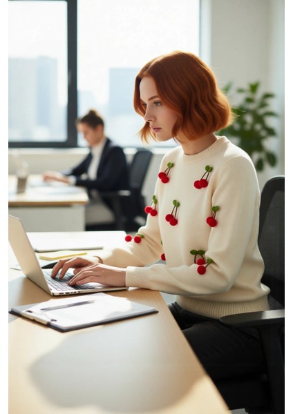 Kadın Casual Regular Kalıp Bisiklet Yaka Akrilik Uzun Kollu Nakışlı Işlemeli Triko Kazak Kaliteli