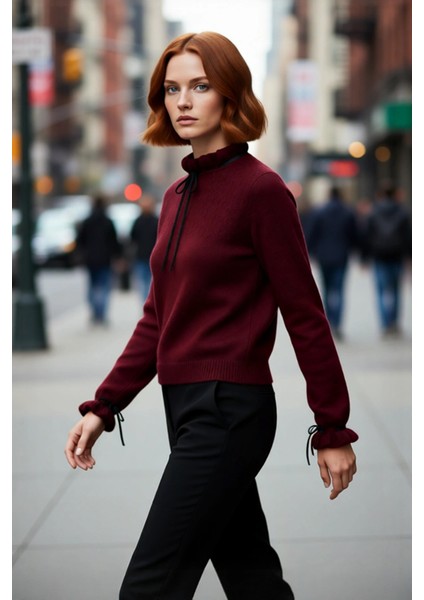 Kadın Uzun Kollu Regular Kesim Dik Yaka Ajur Desenli Bağcıklı Triko Kazak Kışlık Basic Stil modelleri
