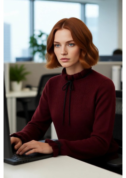 Kadın Uzun Kollu Regular Kesim Dik Yaka Ajur Desenli Bağcıklı Triko Kazak Kışlık Basic Stil fırsatları