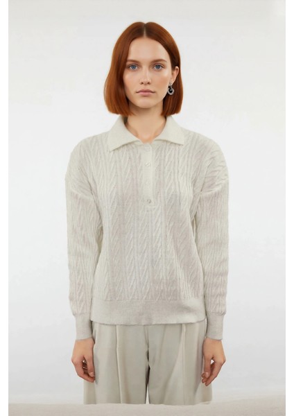 Kadın Oversize Triko Polo Yaka Saç Örgü Düşük Kollu Rahat Kışlık Basic Stil Kazak Kaliteli