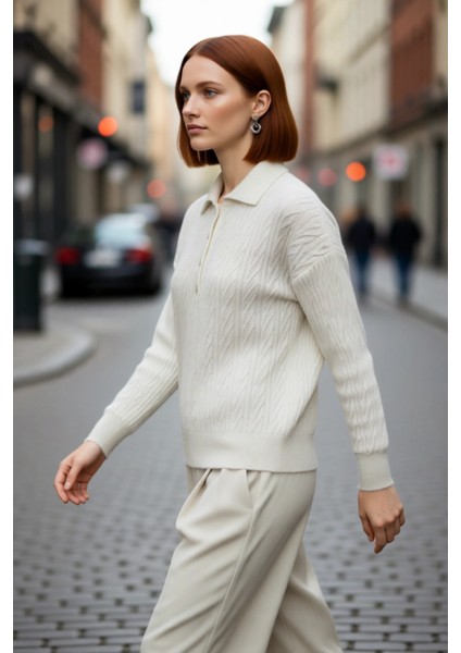 Kadın Oversize Triko Polo Yaka Saç Örgü Düşük Kollu Rahat Kışlık Basic Stil Kazak Kaliteli modelleri