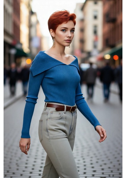 Kadın Şık Devrik Yaka Fitilli Triko Üst Fitted Kesim Uzun Kol Crop Model Ilkbahar Sonbahar modelleri