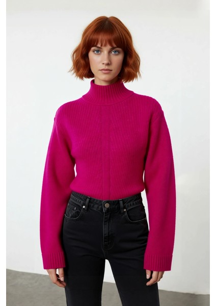 Kadın Düz Desen Dik Yaka Balon Kol Crop Kesim Triko Kazak Kışlık Akrilik Karışımlı Günlük Giyim