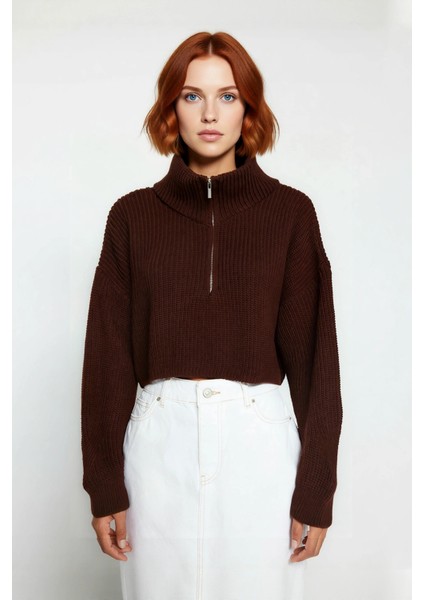 Kadın Basic Oversize Düşük Uzun Kollu Crop Fermuarlı Dik Yaka Triko Kazak Kışlık Rahat Stiller