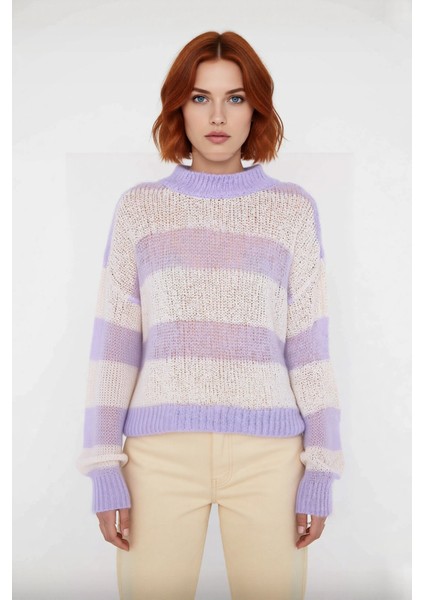 Şık Kadın Düşük Kol Crop Boy Oversize Ince Triko Çizgili Bisiklet Yaka Kazak Kışlık Kombinler Için fiyatları