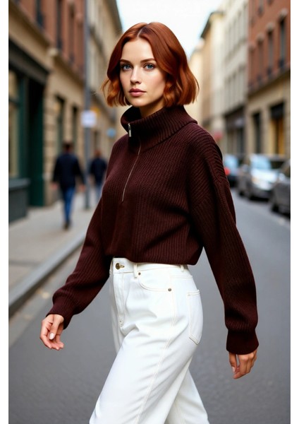 Kadın Oversize Rahat Kesim Crop Fermuarlı Dik Yaka Akrilik Triko Kazak Soğuk Günler Için Ideal fırsatları