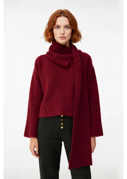 Kadın Kış Sezonu Regular Kalıp Şal Yaka Düşük Kol Kalın Crop Triko Kazak Günlük Rahat Stil