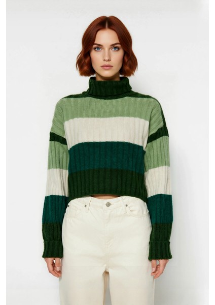 Kadın Balıkçı Yaka Uzun Kollu Renk Bloklu Super Crop Basic Fitilli Triko Kazak Günlük Şıklığınız fiyatları