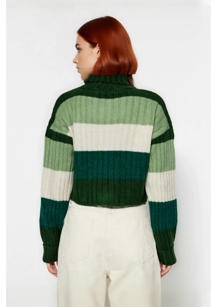 Kadın Balıkçı Yaka Uzun Kollu Renk Bloklu Super Crop Basic Fitilli Triko Kazak Günlük Şıklığınız modelleri