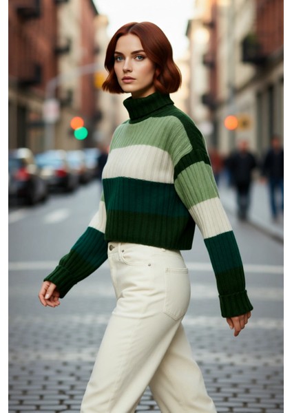 Kadın Balıkçı Yaka Uzun Kollu Renk Bloklu Super Crop Basic Fitilli Triko Kazak Günlük Şıklığınız fırsatları