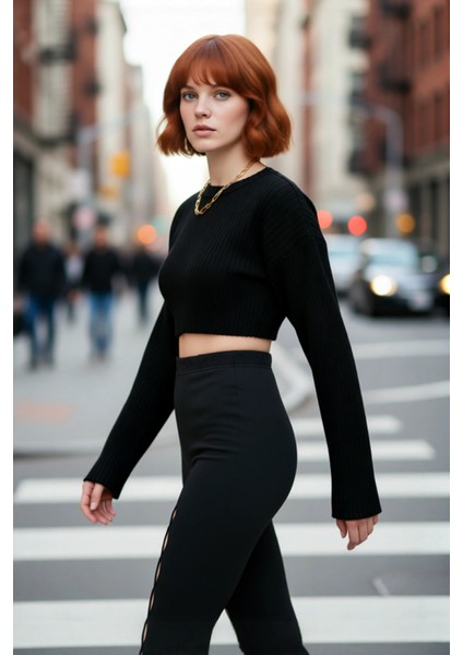 Kadın Modern Bisiklet Yaka Regular Kalıp Triko Super Crop Uzun Kol Kazak Günlük Kombinler Için fırsatları