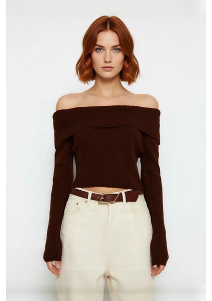 Kadınlara Özel Basic Siluet Fitted Triko Kazak Crop Boy Carmen Yaka Şık Seçim Kaliteli fiyatları