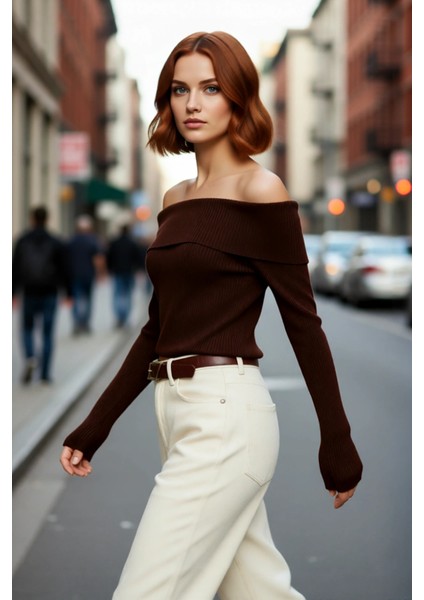 Kadınlara Özel Basic Siluet Fitted Triko Kazak Crop Boy Carmen Yaka Şık Seçim Kaliteli fırsatları