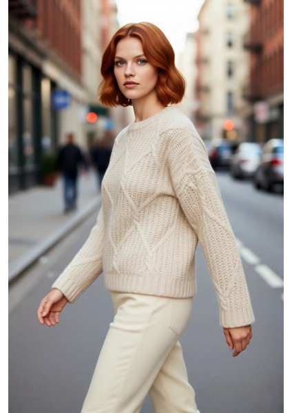 Kadın Günlük Oversize Kesim Saç Örgüsü Desenli Triko Kazak Kış Sonbahar Için Bisiklet Yaka fırsatları