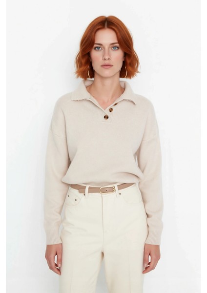 Kadın Düz Desen Polo Yaka Uzun Kol Oversize Triko Kazak Günlük Kullanım Için Ideal Basic Model