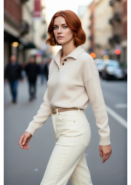 Kadın Düz Desen Polo Yaka Uzun Kol Oversize Triko Kazak Günlük Kullanım Için Ideal Basic Model modelleri