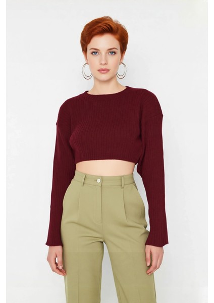 Kadın Düz Desen Regular Kalıp Triko Super Crop Bisiklet Yaka Uzun Kol Kazak Casual Tarz Kaliteli