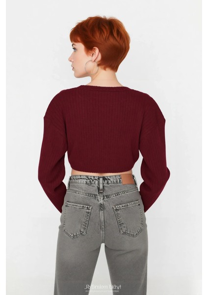 Kadın Düz Desen Regular Kalıp Triko Super Crop Bisiklet Yaka Uzun Kol Kazak Casual Tarz Kaliteli fiyatları