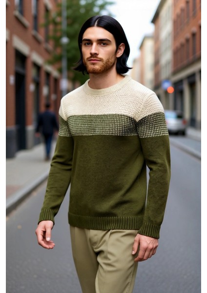 Erkek Basic Kesim Bisiklet Yaka Uzun Kol Renk Bloklu Akrilik Triko Kazak Kış Kombinlerine Özel modelleri