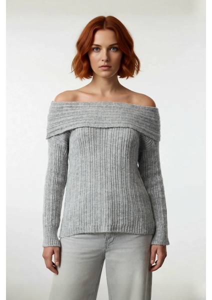 Kadın Uzun Kollu Fitilli Triko Kazak Carmen Yaka Regular Kalıp Şık Gündüz Gece Kombinleri Kaliteli fiyatları