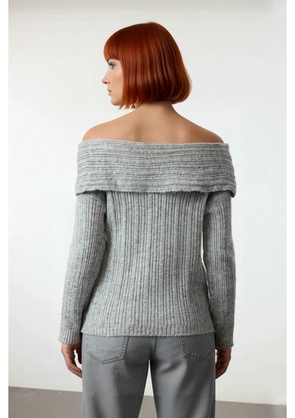 Kadın Uzun Kollu Fitilli Triko Kazak Carmen Yaka Regular Kalıp Şık Gündüz Gece Kombinleri Kaliteli modelleri