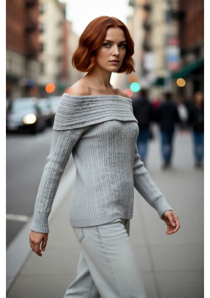 Kadın Uzun Kollu Fitilli Triko Kazak Carmen Yaka Regular Kalıp Şık Gündüz Gece Kombinleri Kaliteli fırsatları