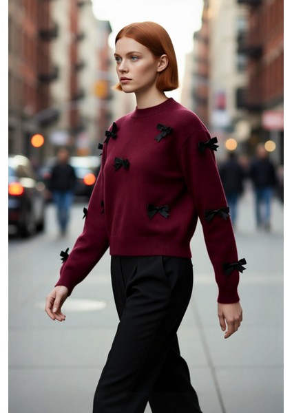 Kadınlar Için Şık Basic Siluet Bisiklet Yaka Orta Kalın Triko Kurdeleli Uzun Kol Kazak Kaliteli fırsatları