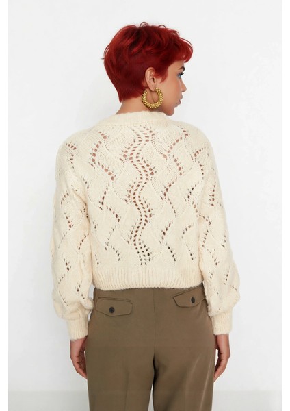 Kadın Ekru Ajurlu Dik Yaka Uzun Kollu Regular Kalıp Süper Crop Triko Kazak Ilkbahar Sonbahar Şıklığı fiyatları