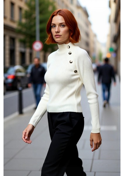 Kadın Şık Akrilik Fitted Kesim Dik Yaka Düz Desen Uzun Kol Triko Kazak Ofis ve Günlük Kullanım modelleri