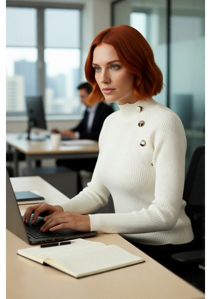 Kadın Şık Akrilik Fitted Kesim Dik Yaka Düz Desen Uzun Kol Triko Kazak Ofis ve Günlük Kullanım fırsatları